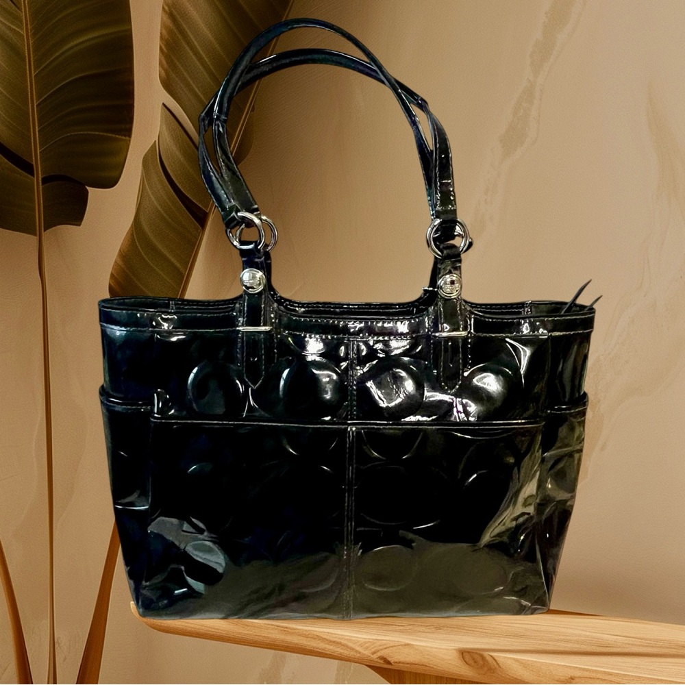 Coach Signature Embossed Black Patent Leather Tote Shoulder Bag Satchel F16564